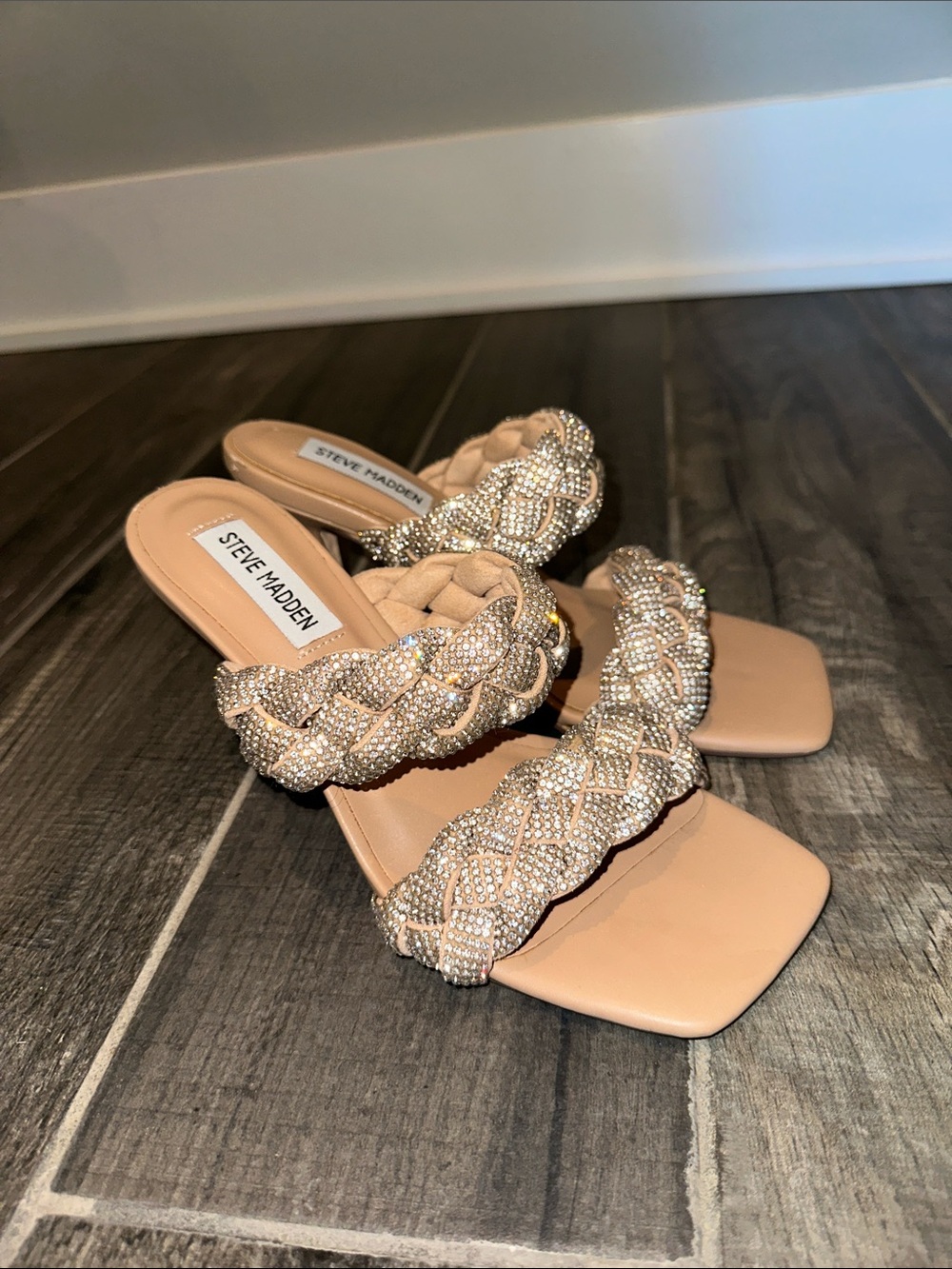 Steve Madden Nude Braided Crystal Slide Mules